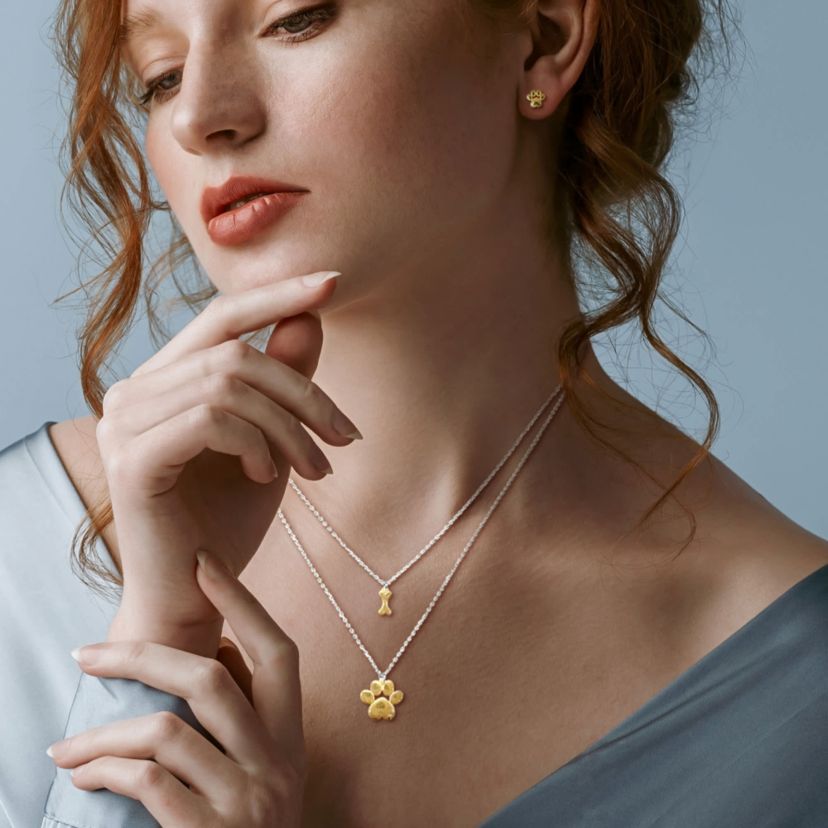 3 Piece Set of Paw Stud Earrings & Charm Necklace in Yellow & White Plated Sterling Silver, 16" & 18"+1"Ext.