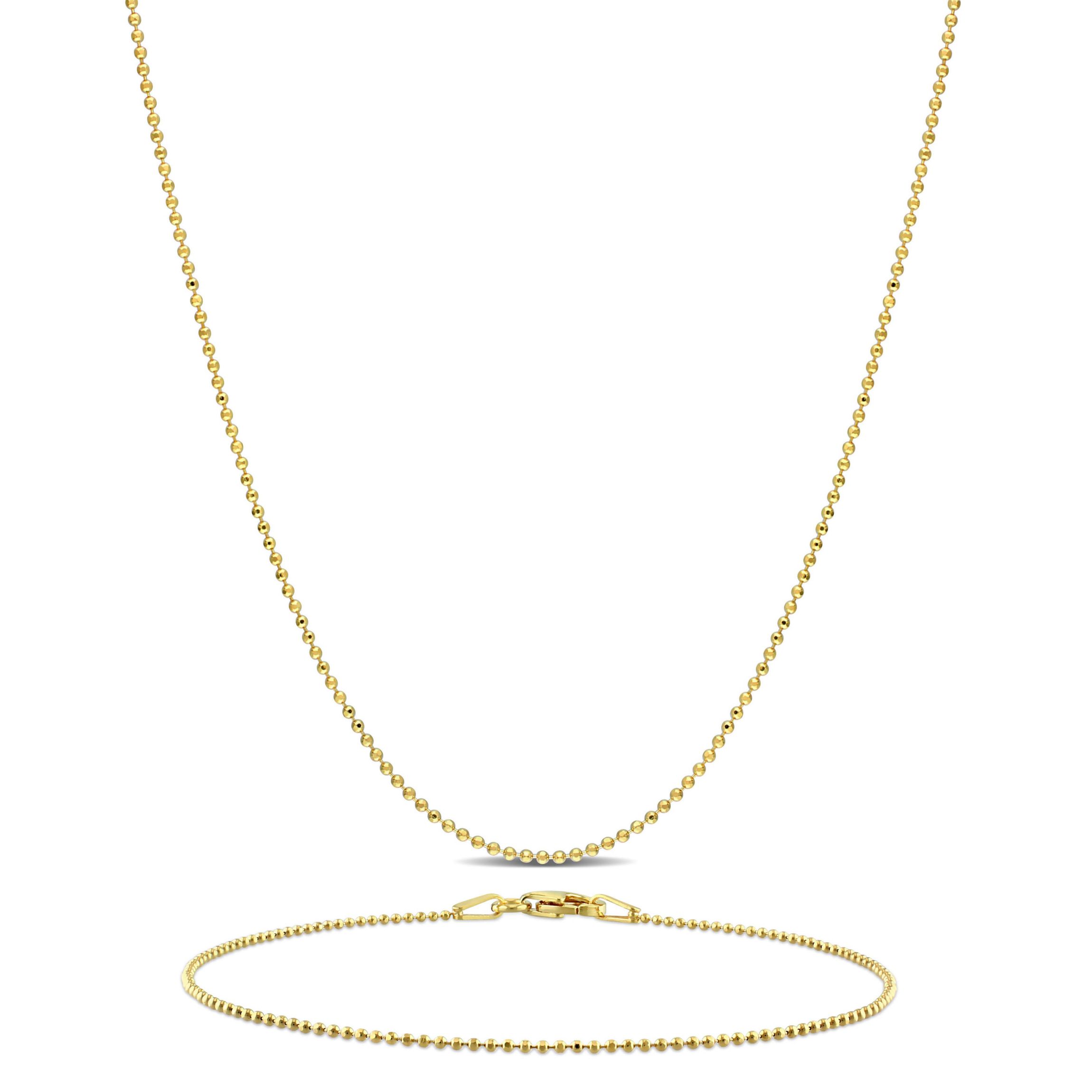 2 Piece Set of 1mm Ball Chain Necklace & Bracelet in Yellow Plated Sterling Silver, 18" & 7.5"
