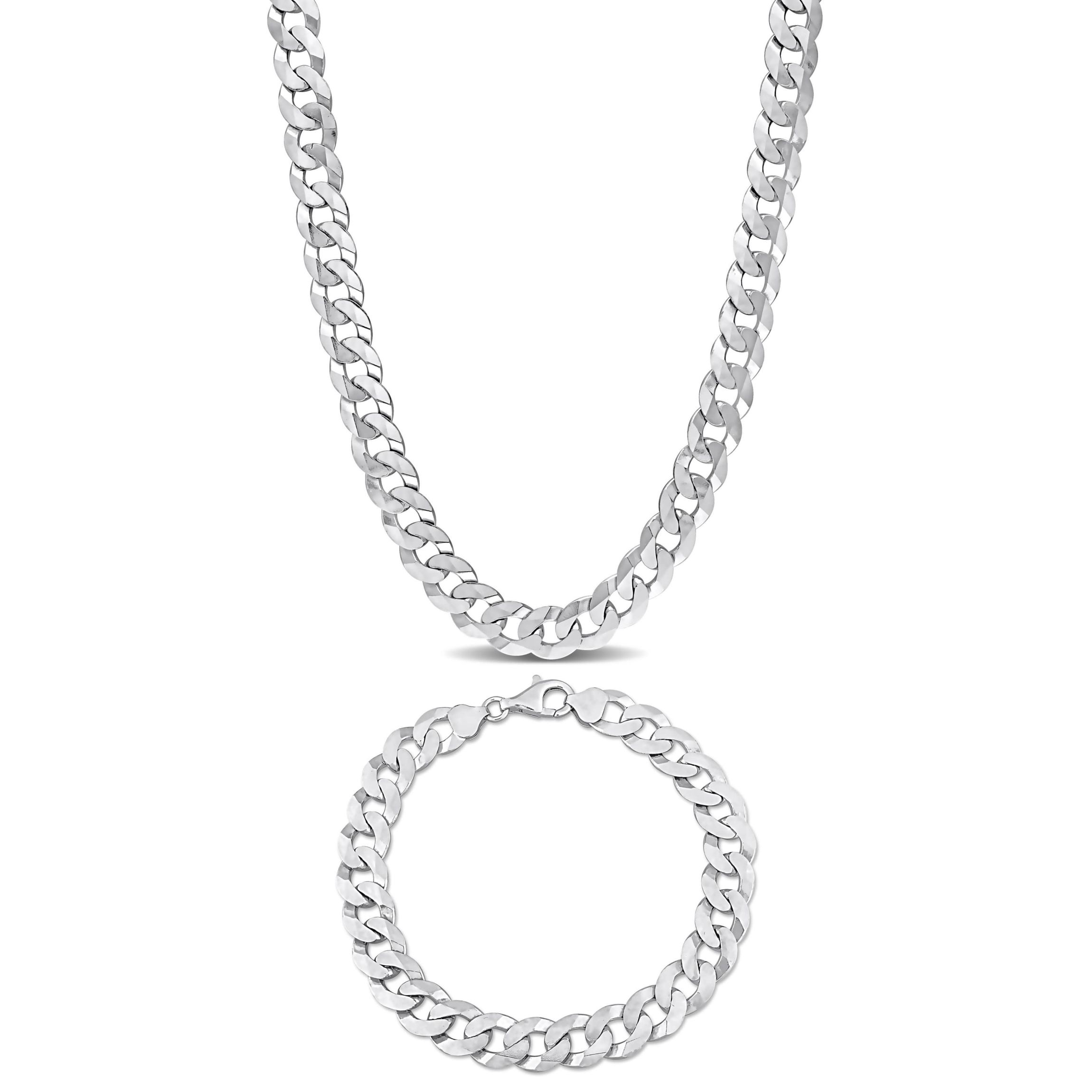 2 Piece Set of Mens 10mm Curb Link Chain Necklace & Bracelet in Sterling Silver, 24" & 9"