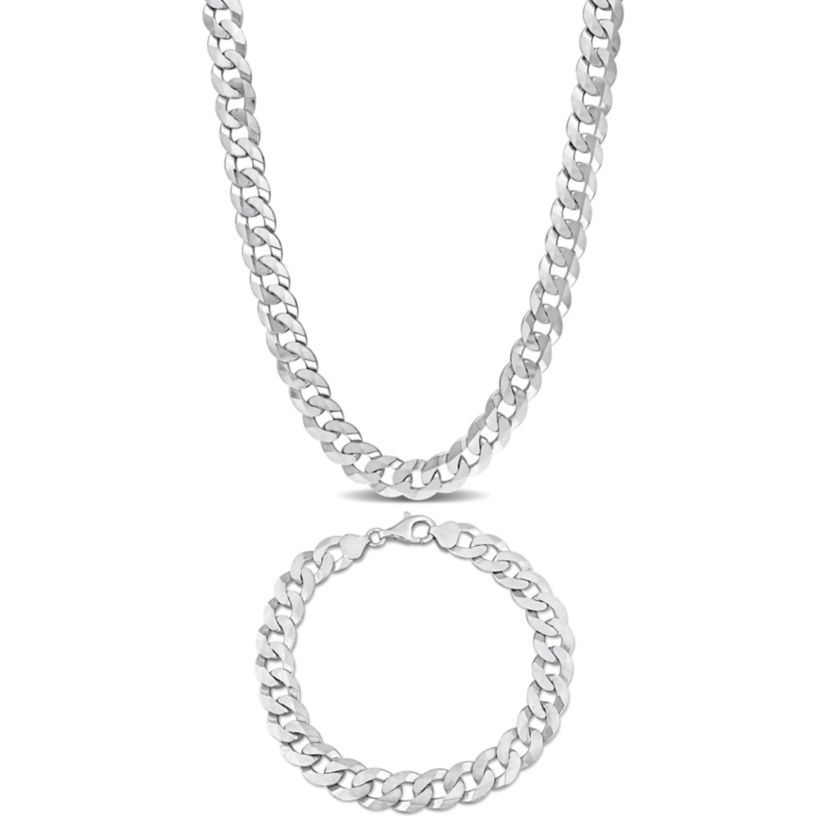2 Piece Set of Mens 10mm Curb Link Chain Necklace & Bracelet in Sterling Silver, 24" & 9"