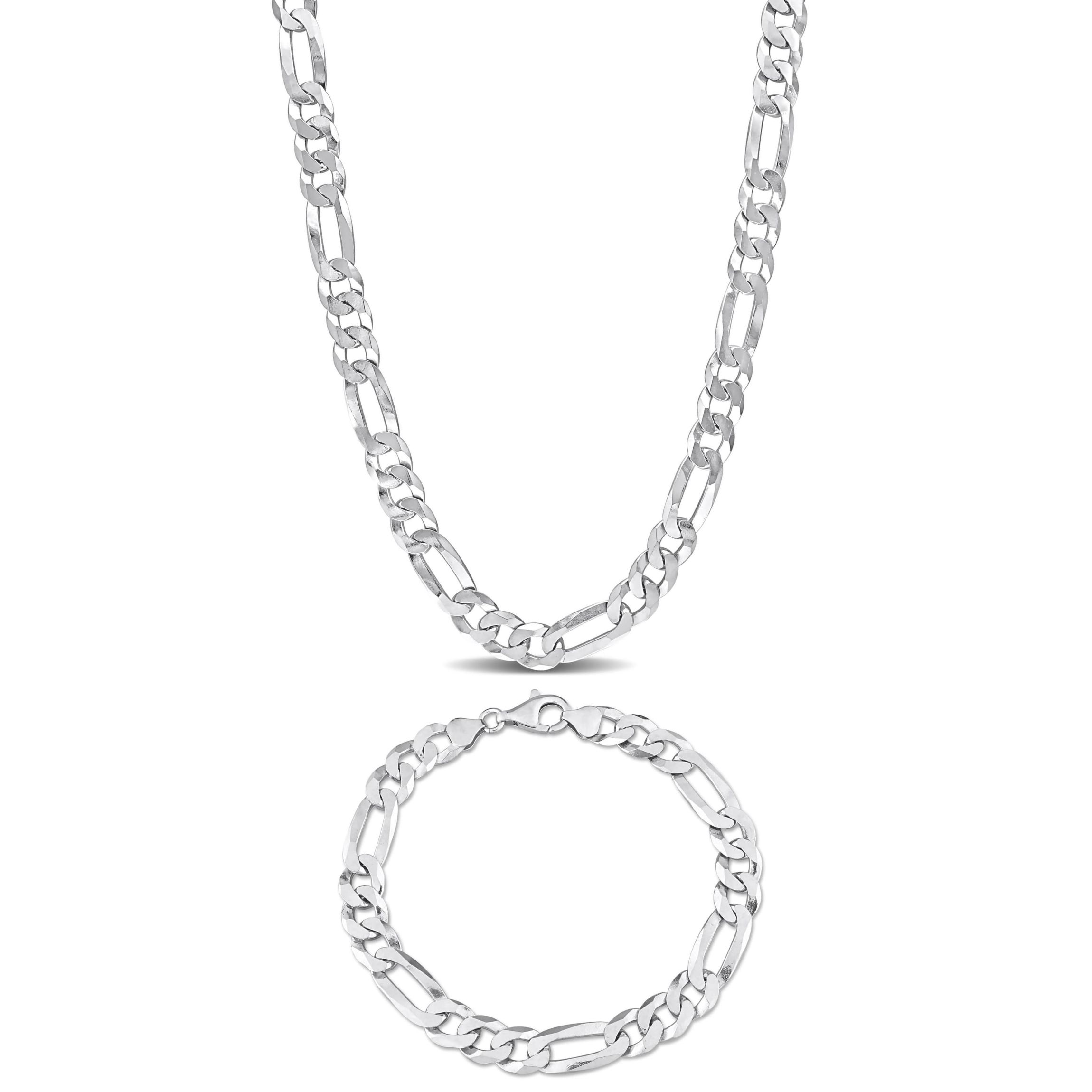 2 Piece Set of Mens 8.9mm Flat Figaro Chain Necklace & Bracelet in Sterling Silver, 22" & 9"