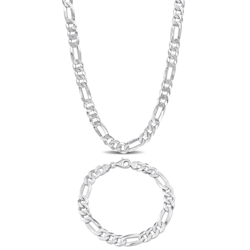 2 Piece Set of Mens 8.9mm Flat Figaro Chain Necklace & Bracelet in Sterling Silver, 22" & 9"