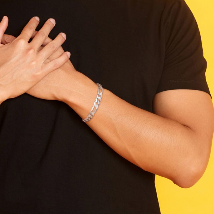 2 Piece Set of Mens 8.9mm Flat Figaro Chain Necklace & Bracelet in Sterling Silver, 22" & 9"