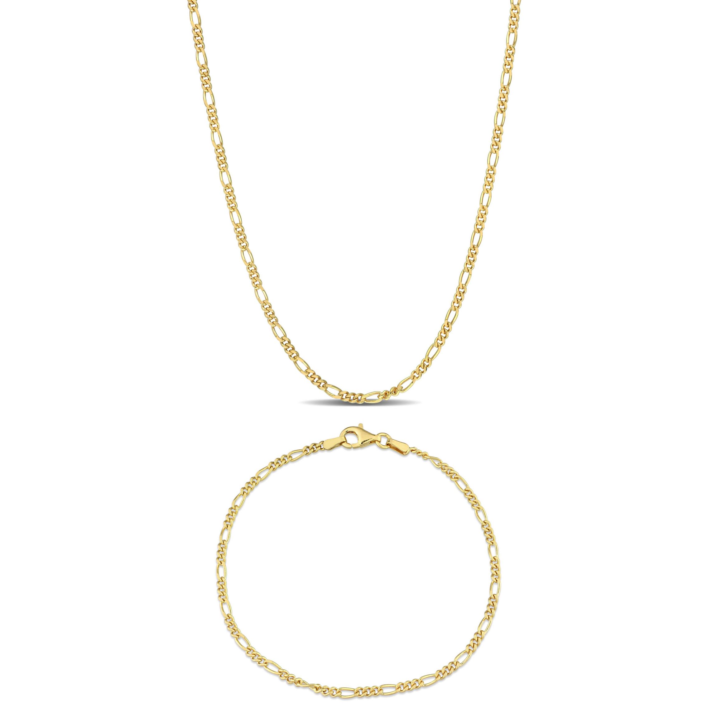 2 Piece Set of 2.2mm Figaro Chain Bracelet & Necklace in Yellow Plated Sterling Silver, 20" & 7.5"