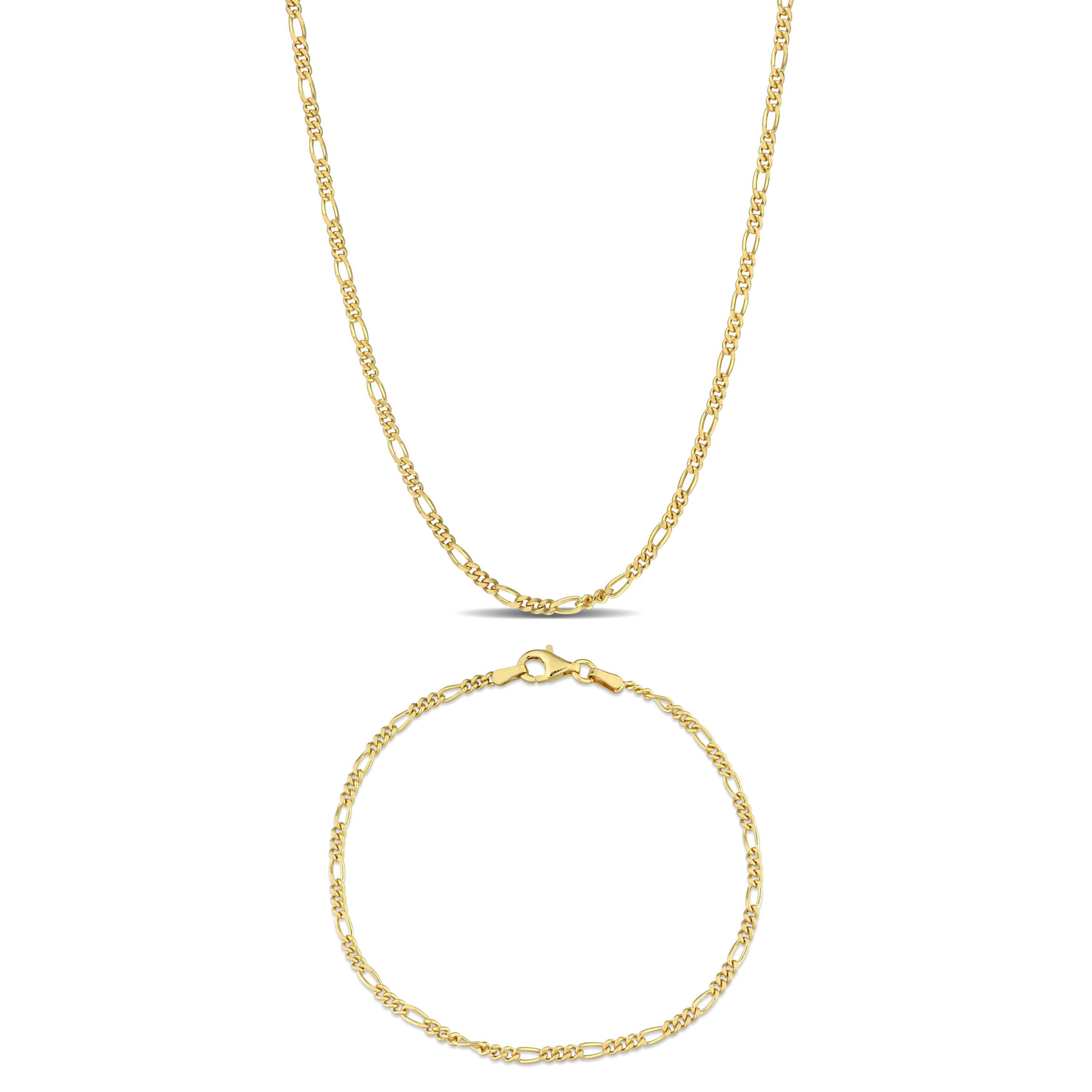 2 Piece Set of 2.2mm Figaro Chain Bracelet & Necklace in Yellow Plated Sterling Silver, 20" & 7.5"