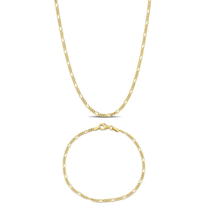 2 Piece Set of 2.2mm Figaro Chain Bracelet & Necklace in Yellow Plated Sterling Silver, 20" & 7.5"