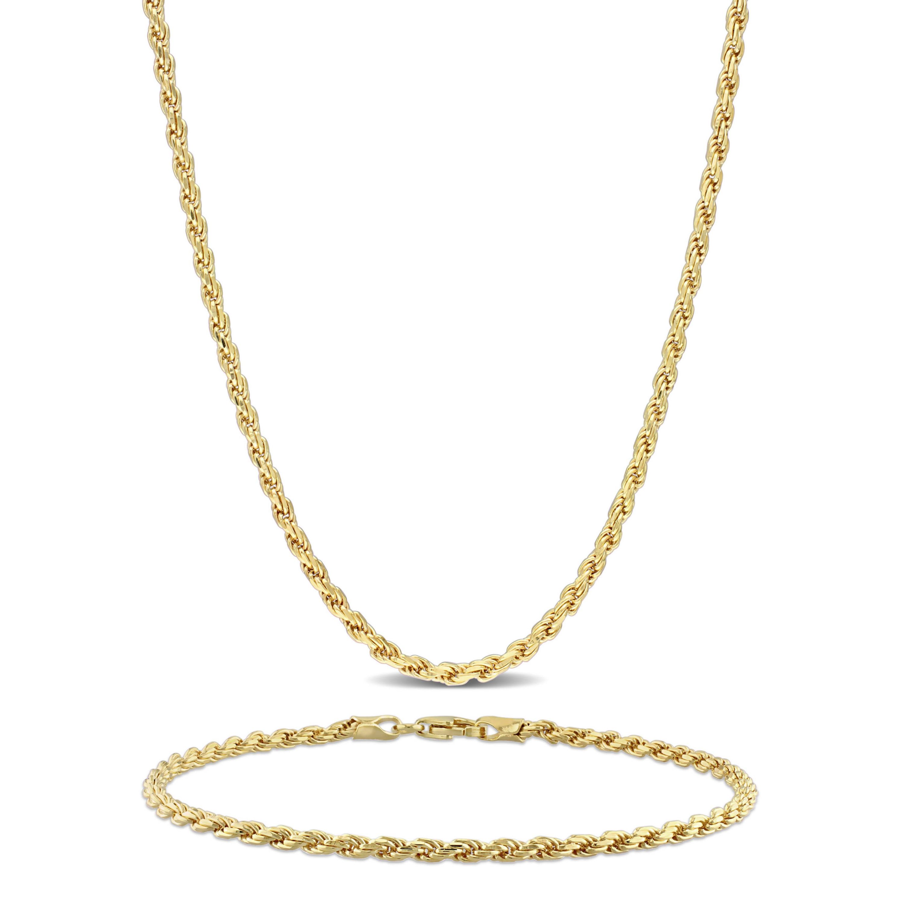 2 Piece Set of 2.2mm Rope Chain Necklace & Bracelet in Yellow Plated Sterling Silver, 20" & 7.5"