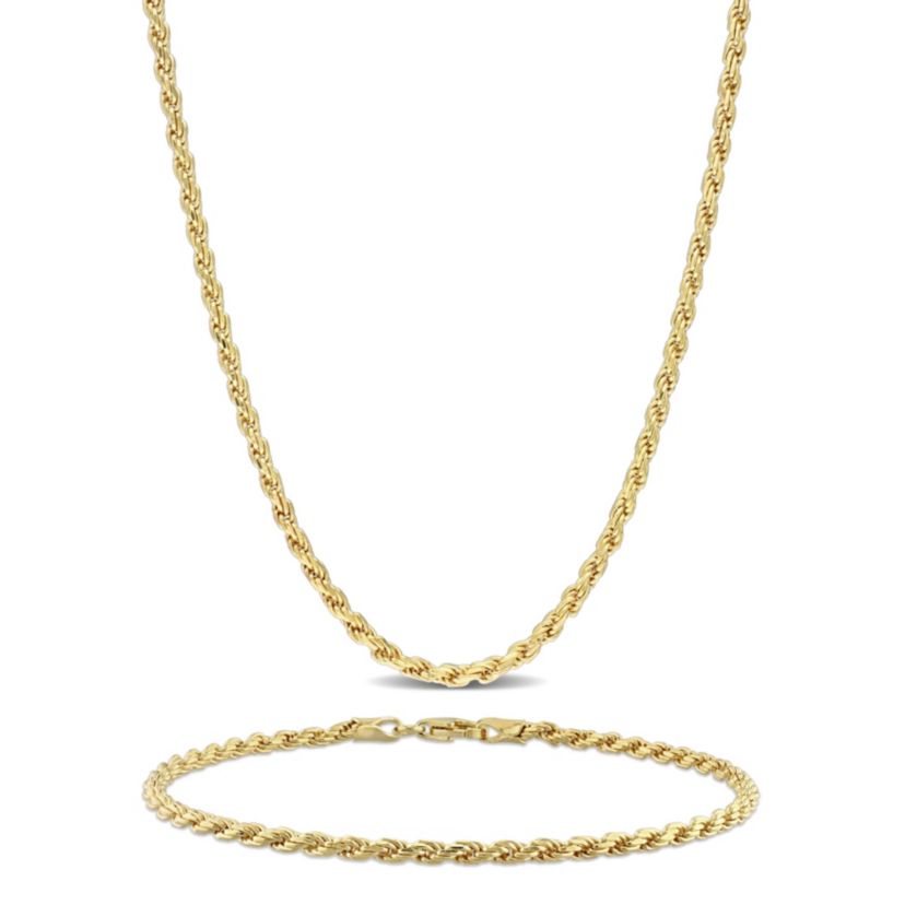 2 Piece Set of 2.2mm Rope Chain Necklace & Bracelet in Yellow Plated Sterling Silver, 20" & 7.5"