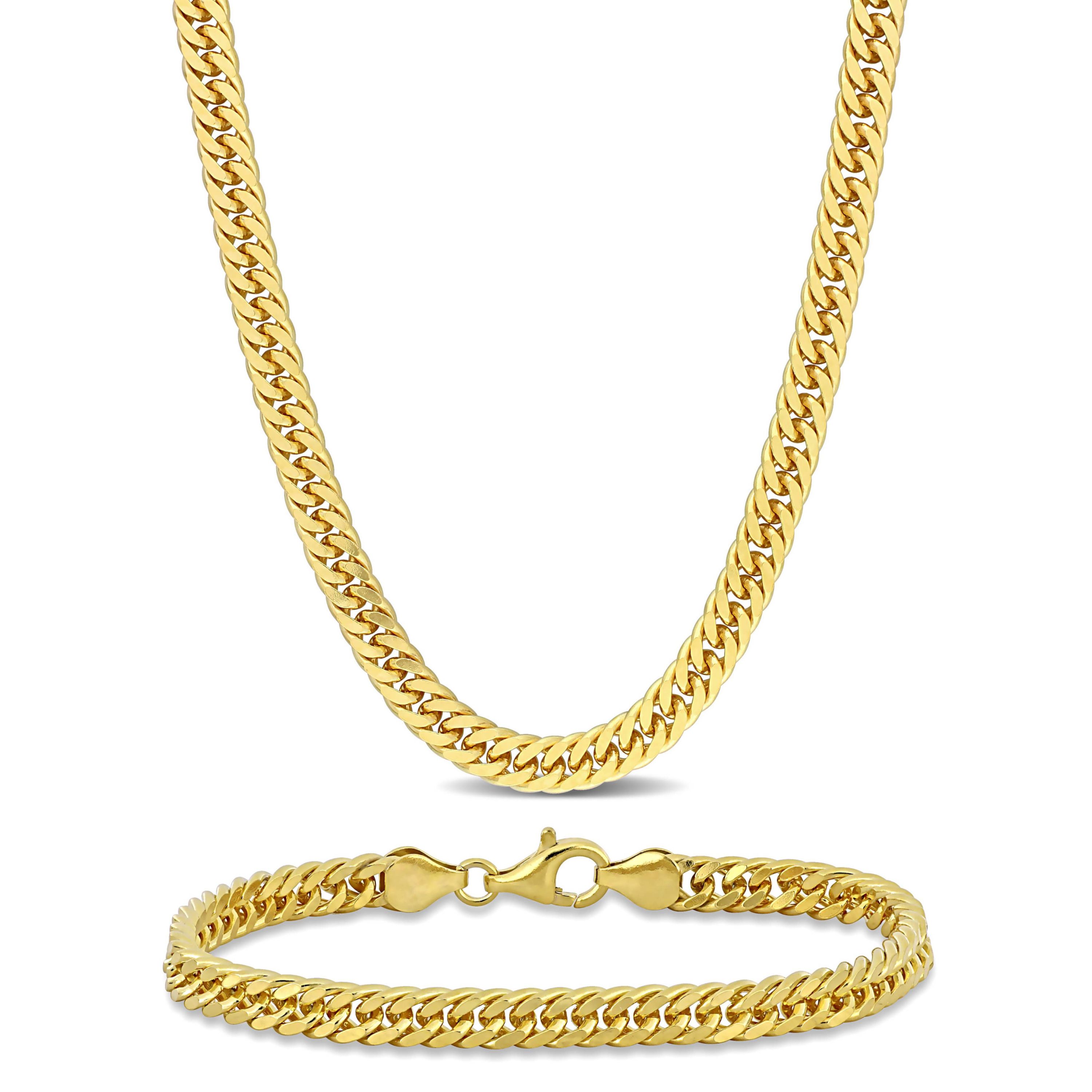 2 Piece Set of 5.5mm Double Curb Link Chain Necklace & Anklet in Yellow Plated Sterling Silver, 18" & 9"