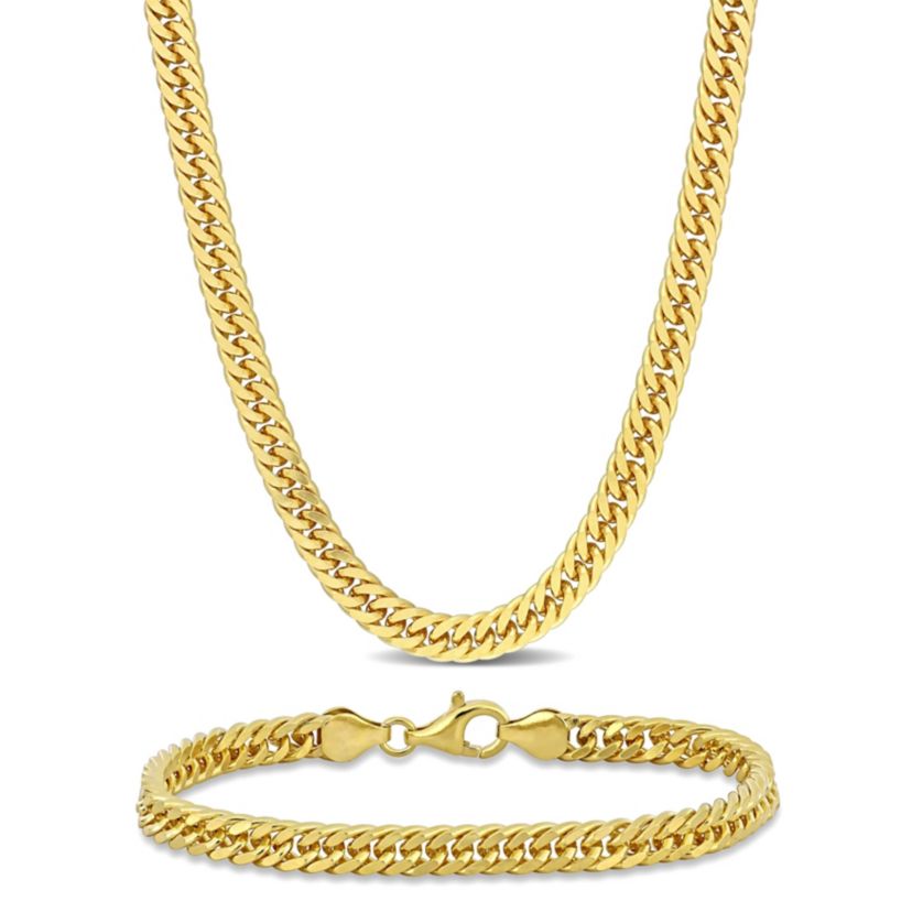 2 Piece Set of 5.5mm Double Curb Link Chain Necklace & Anklet in Yellow Plated Sterling Silver, 18" & 9"