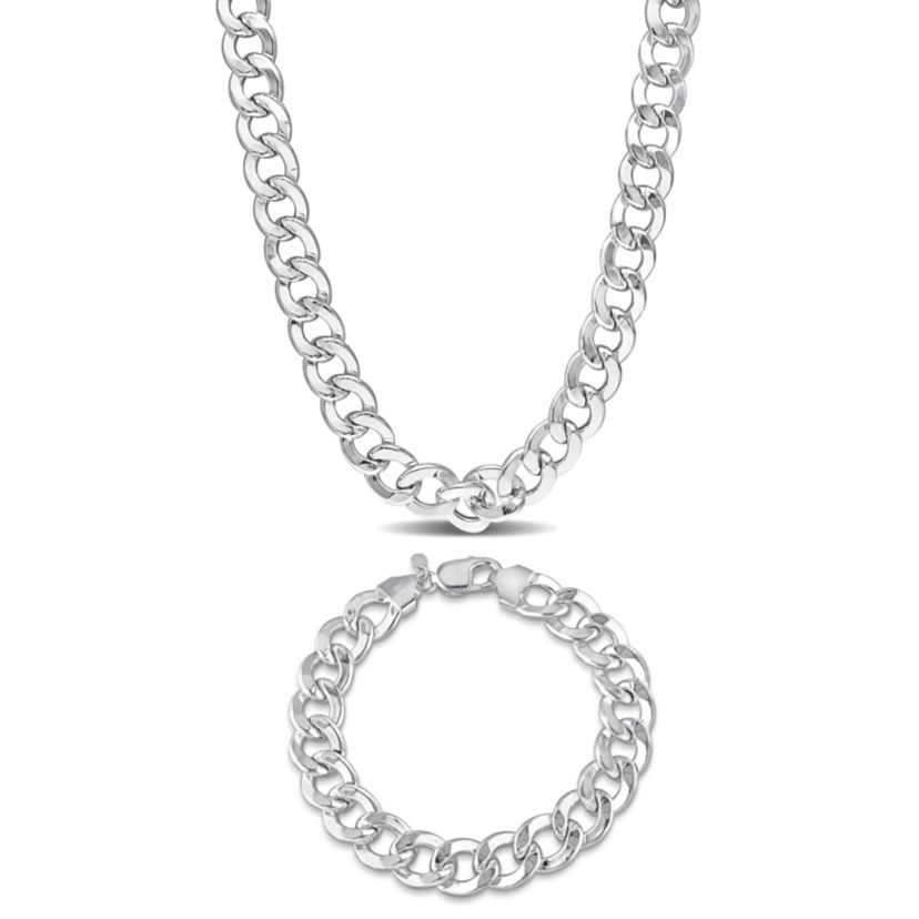 2 Piece Set of Mens 12.5mm Curb Link Chain Necklace & Bracelet in Sterling Silver, 24" & 9"