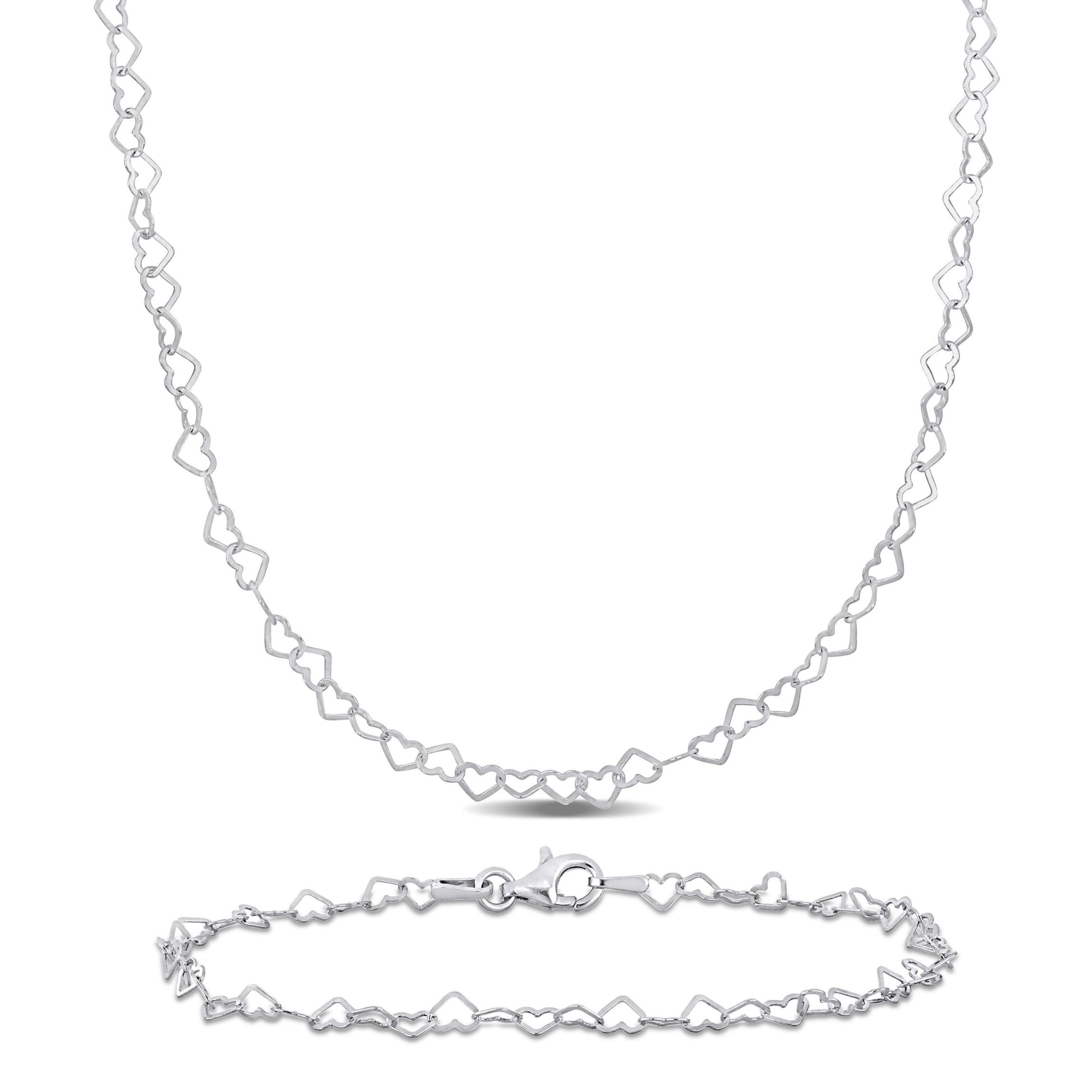 2 Piece Set of 3mm Heart Link Necklace & Bracelet in Sterling Silver, 16" & 7.5"