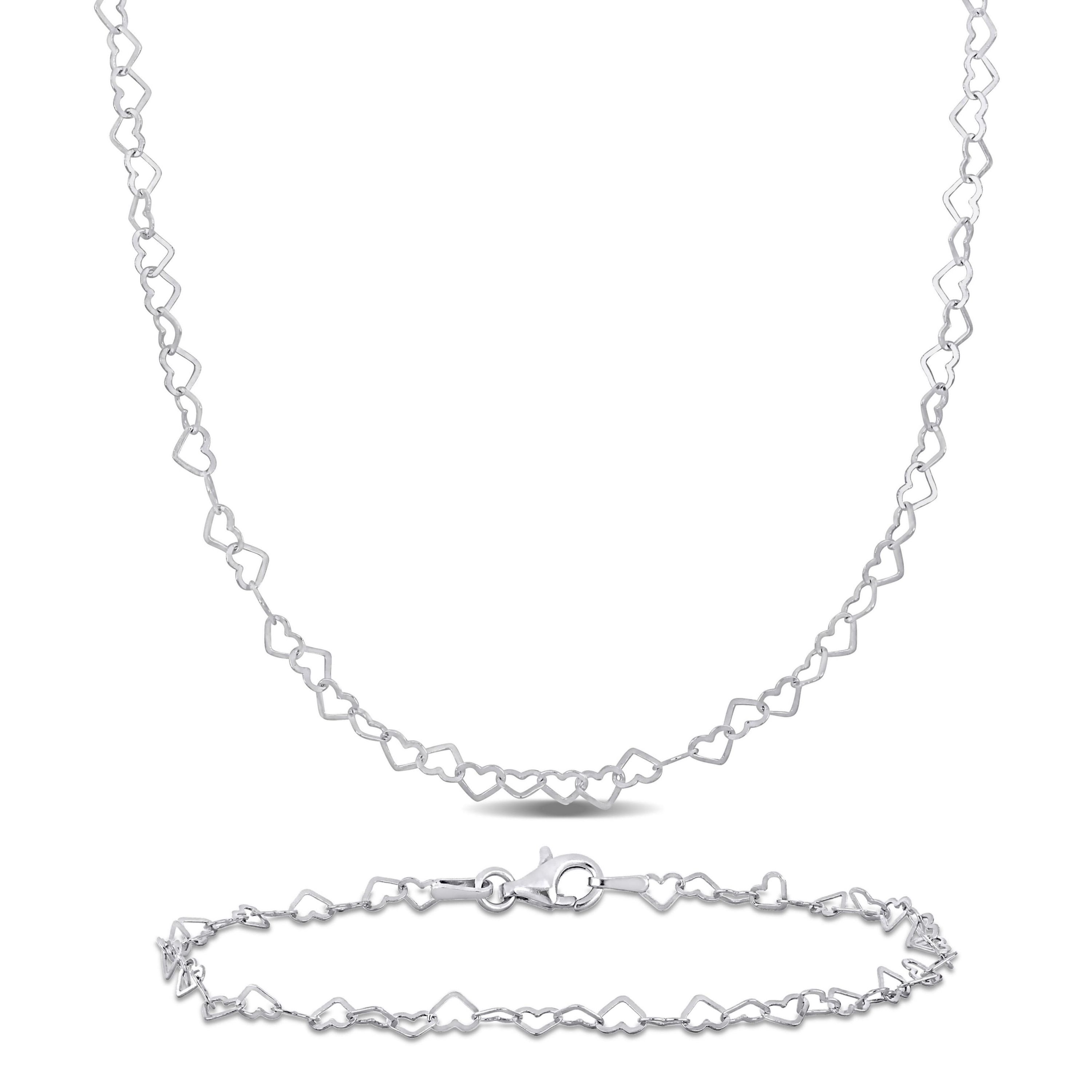 2 Piece Set of 3mm Heart Link Necklace & Bracelet in Sterling Silver, 18" & 7.5"