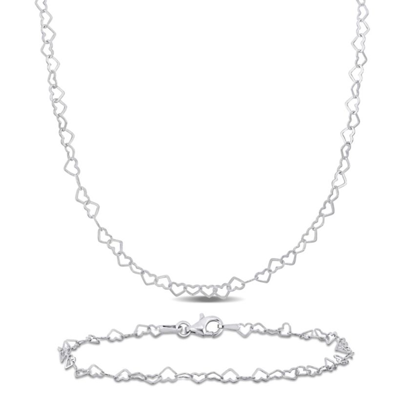2 Piece Set of 3mm Heart Link Necklace & Bracelet in Sterling Silver, 18" & 7.5"