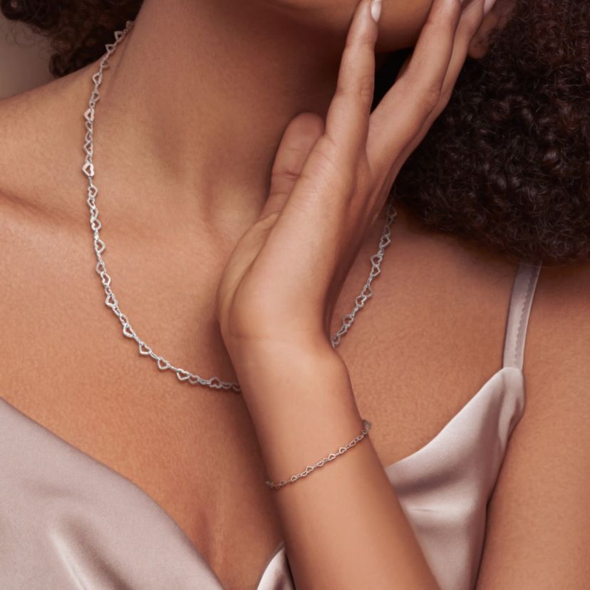 2 Piece Set of 3mm Heart Link Necklace & Bracelet in Sterling Silver, 18" & 7.5"