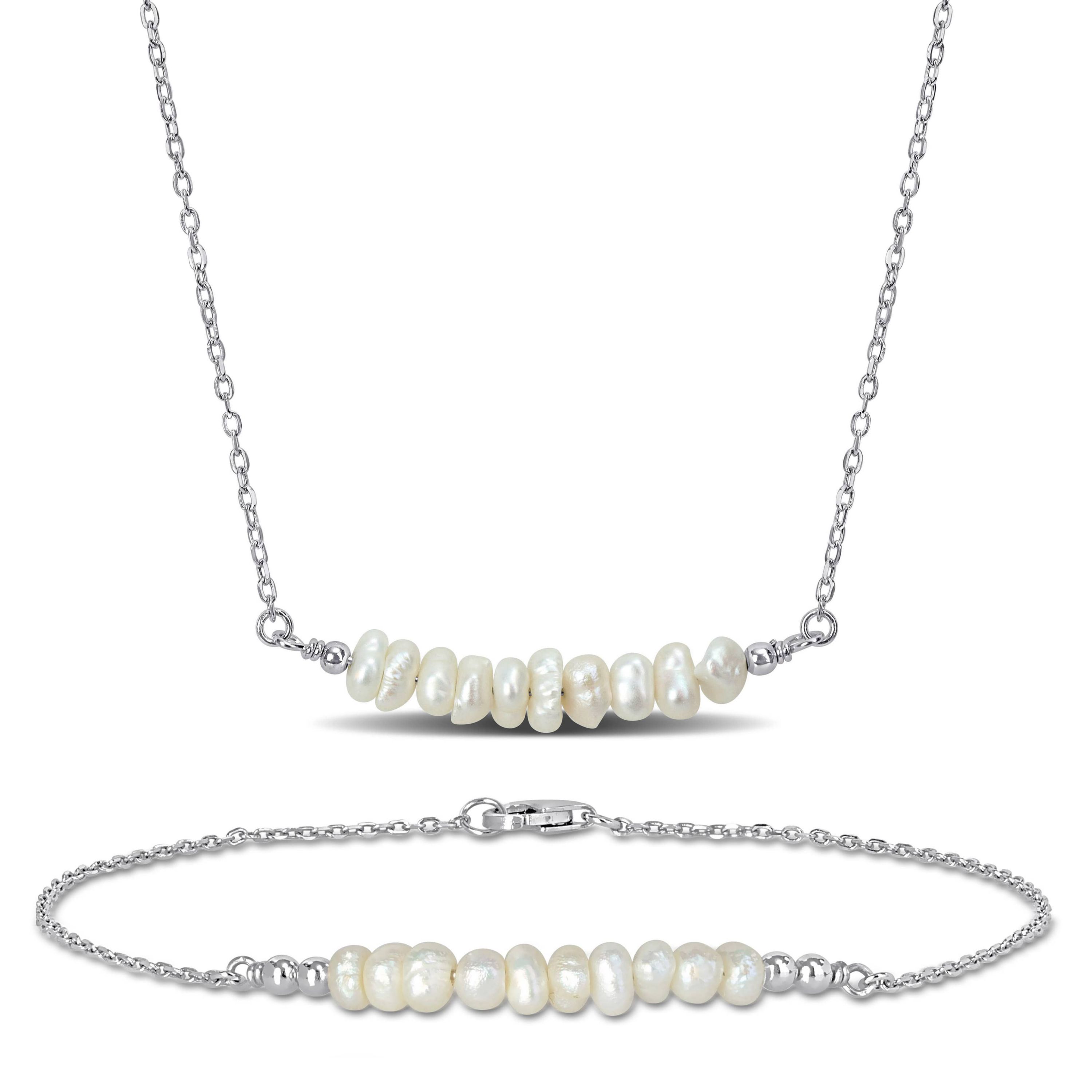 2 Piece Set of 7.5-9mm Freshwater Cultured Pearl Bolo Bar Bracelet & Bar Necklace in Sterling Silver, 19" & 8.5"