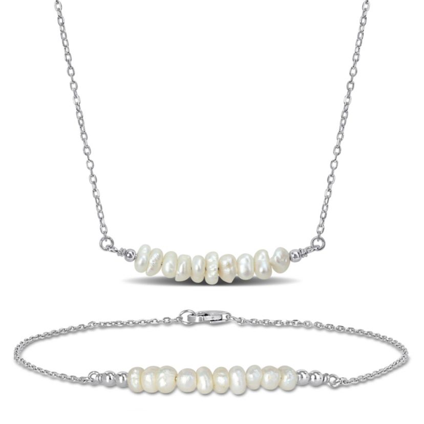 2 Piece Set of 7.5-9mm Freshwater Cultured Pearl Bolo Bar Bracelet & Bar Necklace in Sterling Silver, 19" & 8.5"