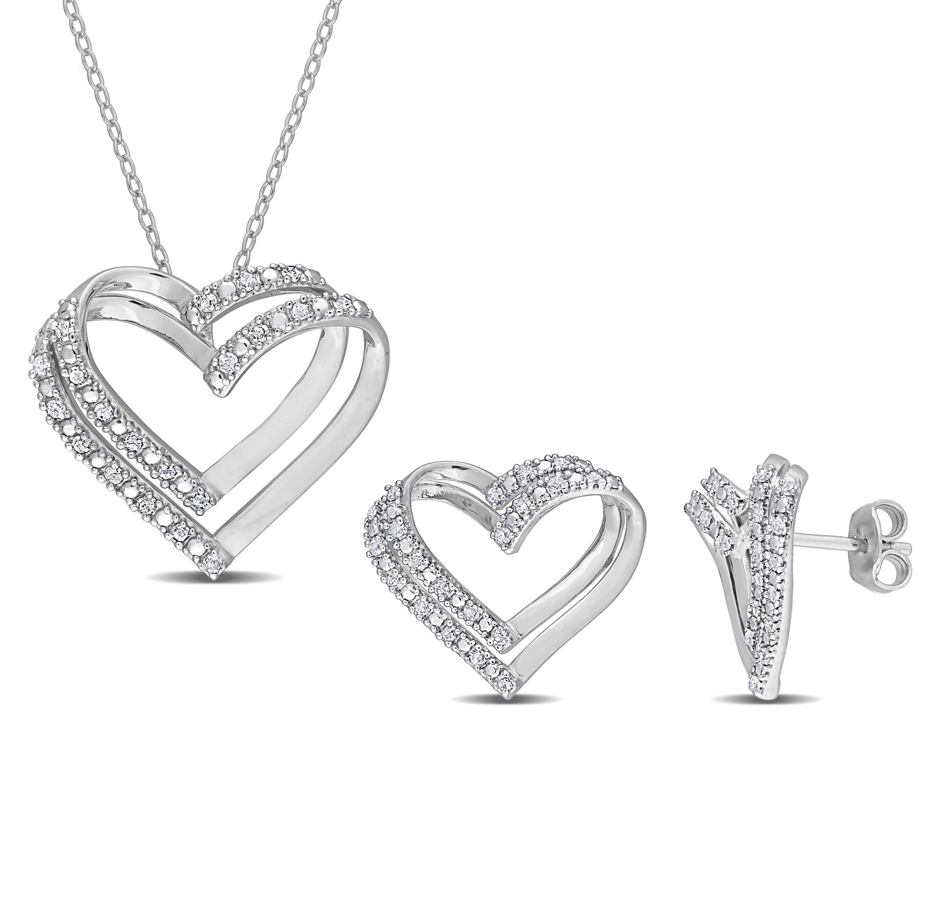 2 Piece Set of Diamond Stud Earrings & Pendant With Chain in Sterling Silver, 18"