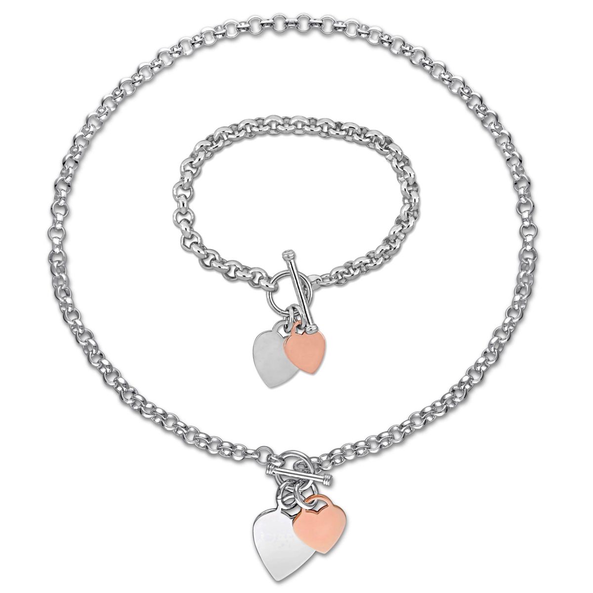 2 Piece Set of Charm Necklace & Bracelet in Rose and White Plated Sterling Silver, 18" & 7.5"