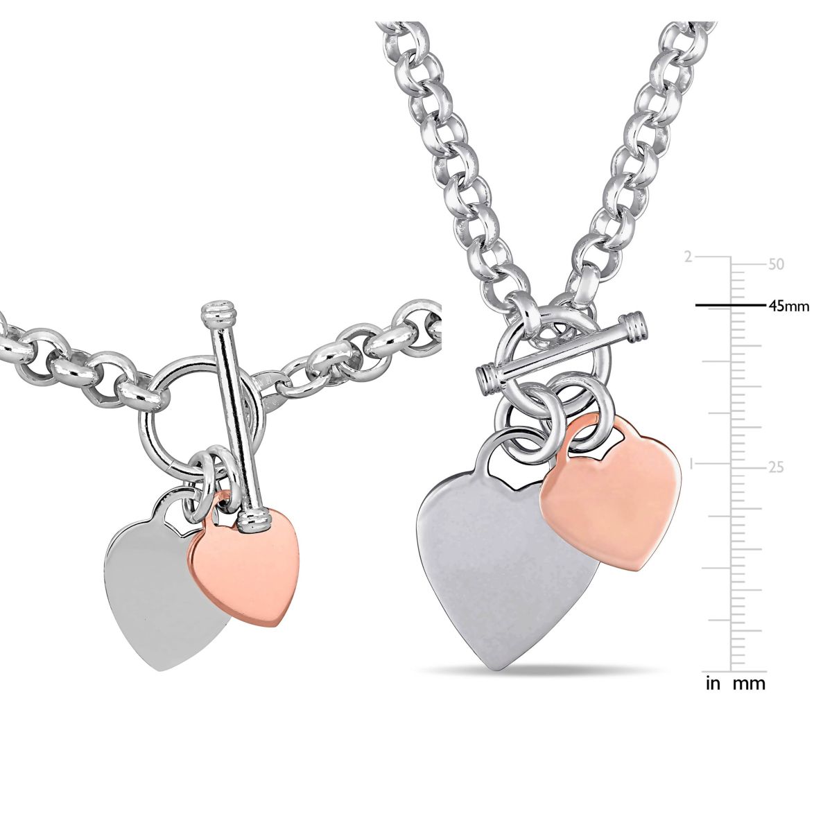 2 Piece Set of Charm Necklace & Bracelet in Rose and White Plated Sterling Silver, 18" & 7.5"