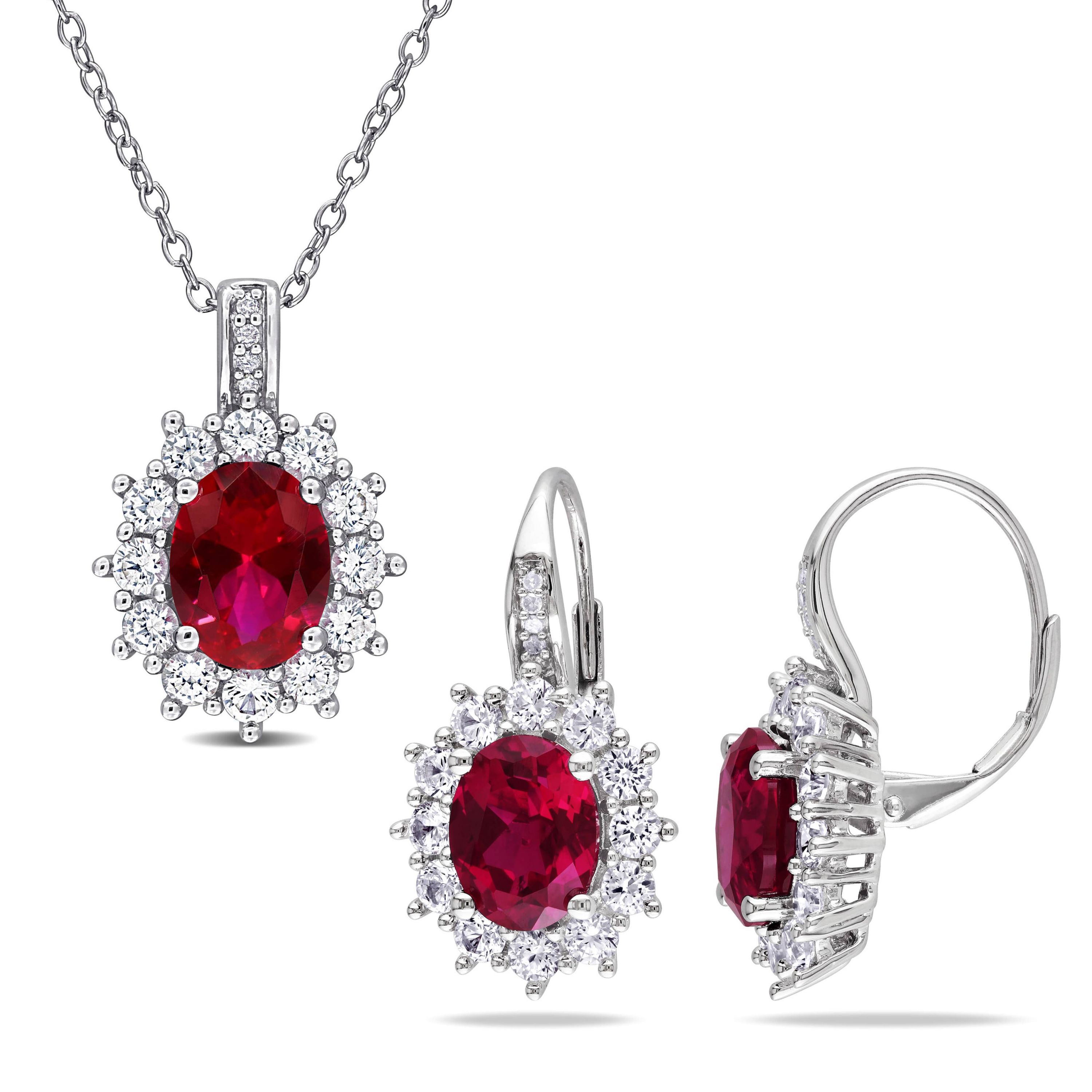 Lab Created 2 Piece Set of Created Ruby, White Sapphire, & Diamond Accent Earrings & Halo Pendant in in Sterling Silver, 18"