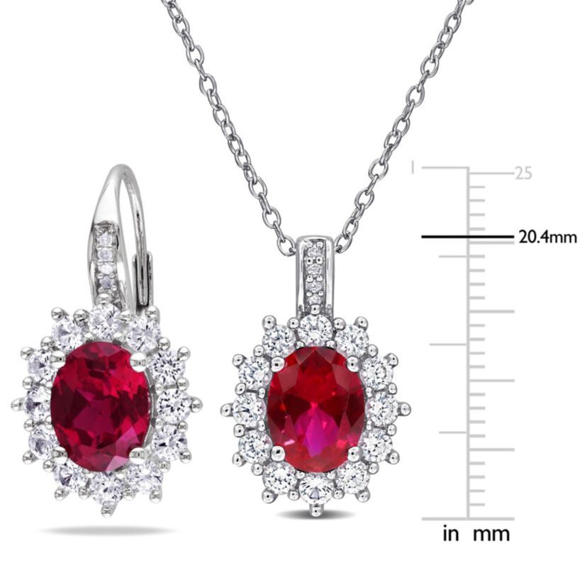 Lab Created 2 Piece Set of Created Ruby, White Sapphire, & Diamond Accent Earrings & Halo Pendant in in Sterling Silver, 18"