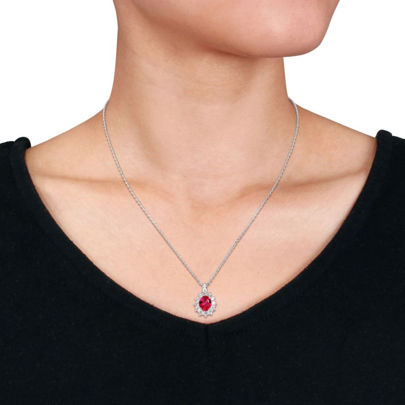 Lab Created 2 Piece Set of Created Ruby, White Sapphire, & Diamond Accent Earrings & Halo Pendant in in Sterling Silver, 18"