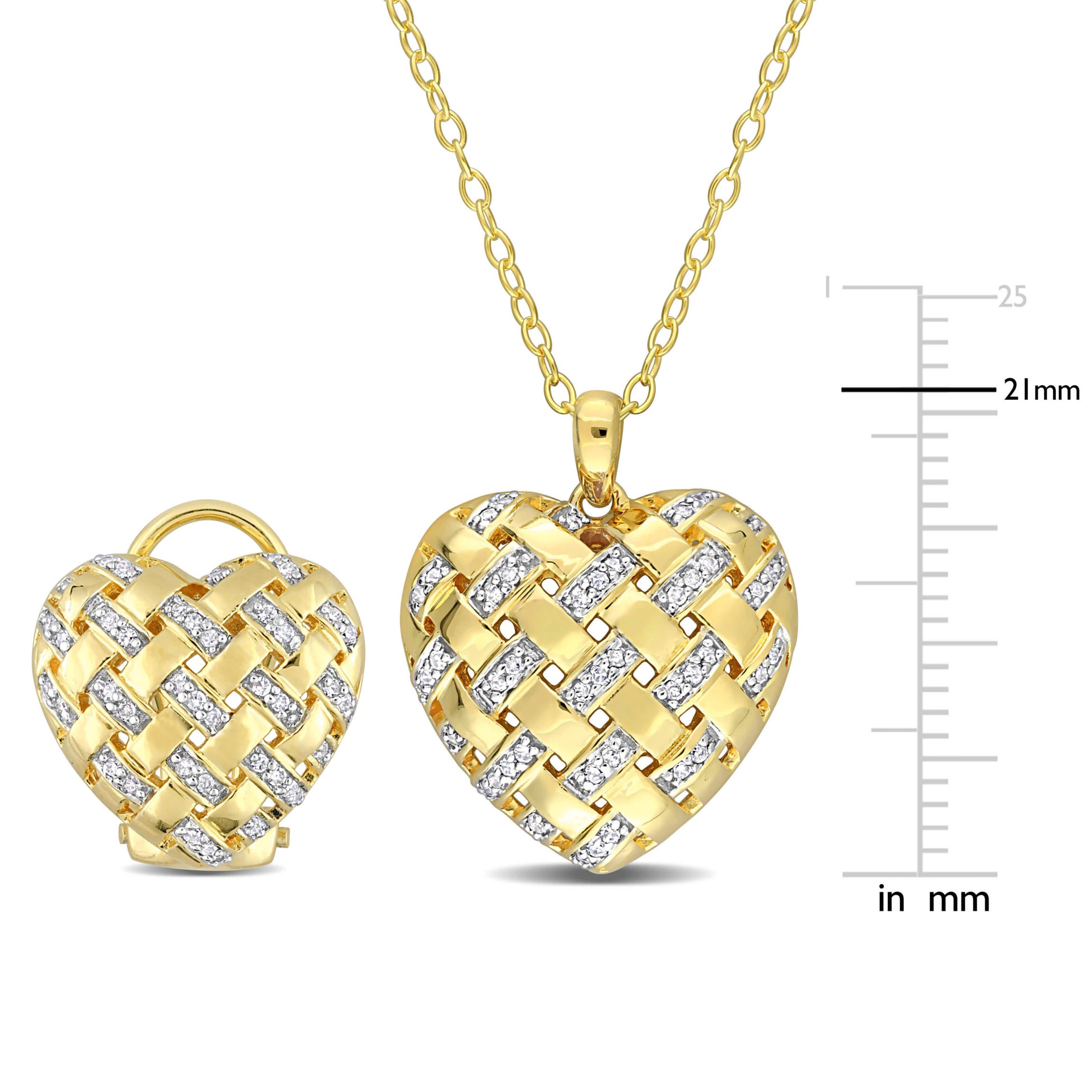 2 Piece Set of Diamond Lattice Heart Omega Back Earrings & Pendant with Chain in Yellow Plated Sterling Silver
