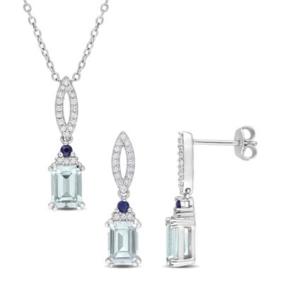 Belk & Co 2 Piece Set of Aquamarine, Blue Sapphire & 1/3ct. t.w. Diamond Earrings & Necklace in Sterling Silver, White