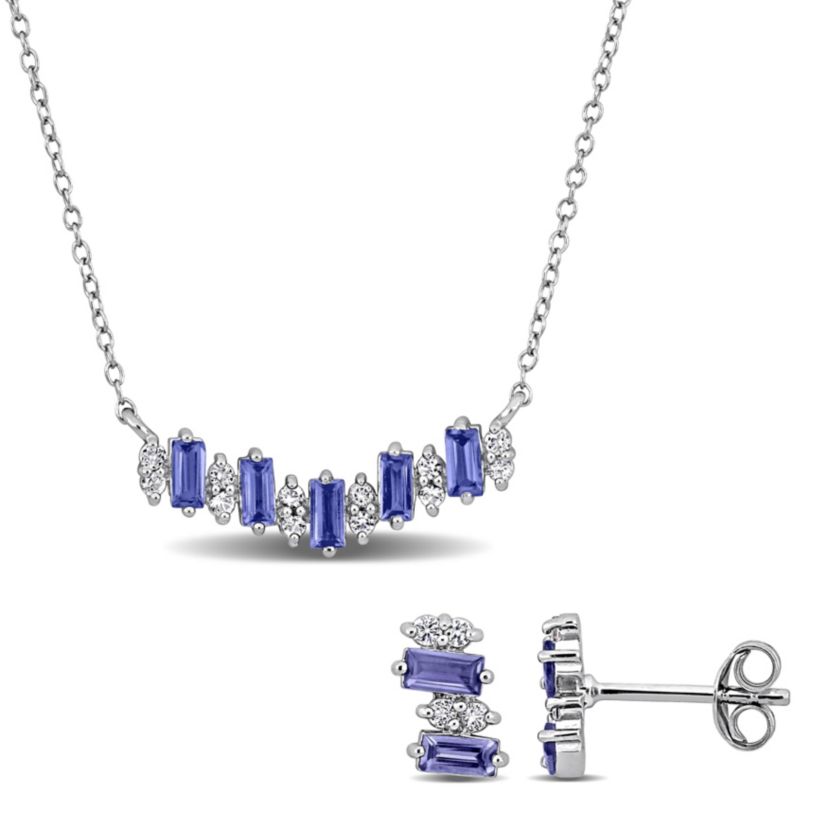 2 Piece Set of Tanzanite & White Topaz Stud Earrings & Necklace in Sterling Silver, 18"