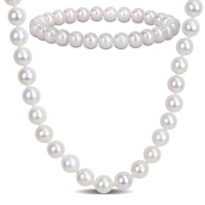 Belk & Co 2 Piece Set of 7-7.5mm Freshwater Cultured Pearl Necklace Beaded & Elastic Bracelet in Sterling Silver, 18"