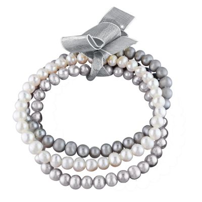 Belk & Co 3 Pc Set of 5-5.5MM Freshwater Cultured Pearl White & Grey Potato Elastic Bracelet, 7.5"