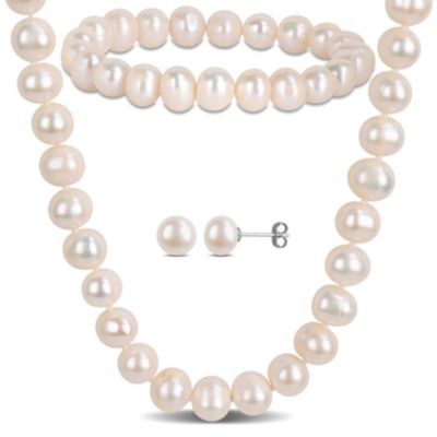 Belk & Co 3 Piece Set of 8-9mm Freshwater Cultured Pearl Bracelet, Earrings & Necklace in Sterling Silver, 16" & 7 ", White