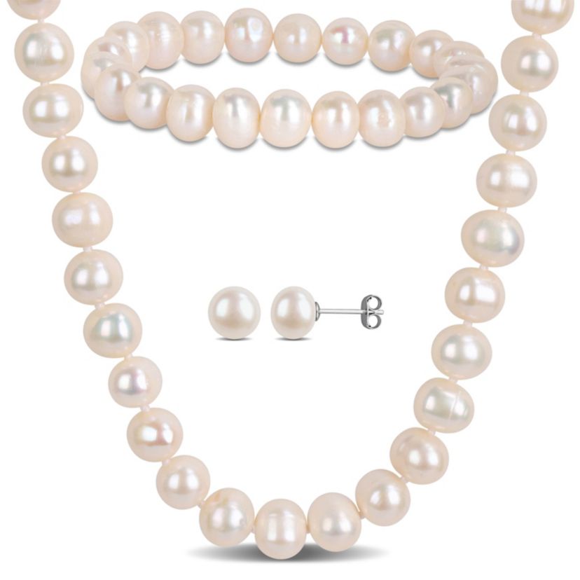 3 Piece Set of 8-9mm Freshwater Cultured Pearl Bracelet, Earrings & Necklace in Sterling Silver, 16" & 7 "