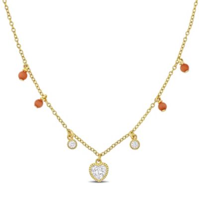 Belk & Co Lab Created White Sapphire & Pink Bead Station Necklace in Yellow Plated Sterling Silver, 16"+2"ext