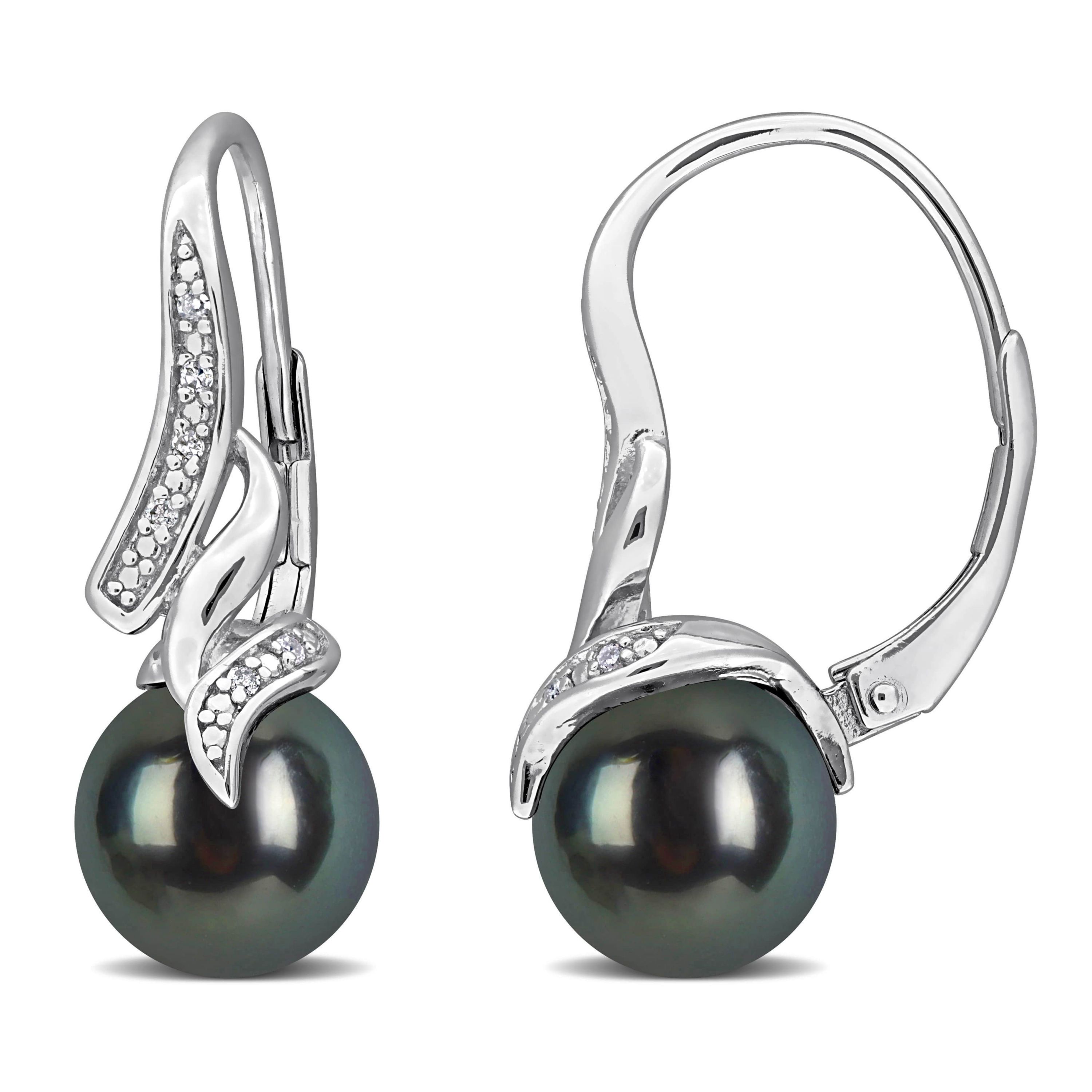 Diamond & 8-8.5MM Black Tahitian Cultured Pearl LeverBack Earrings in Sterling Silver