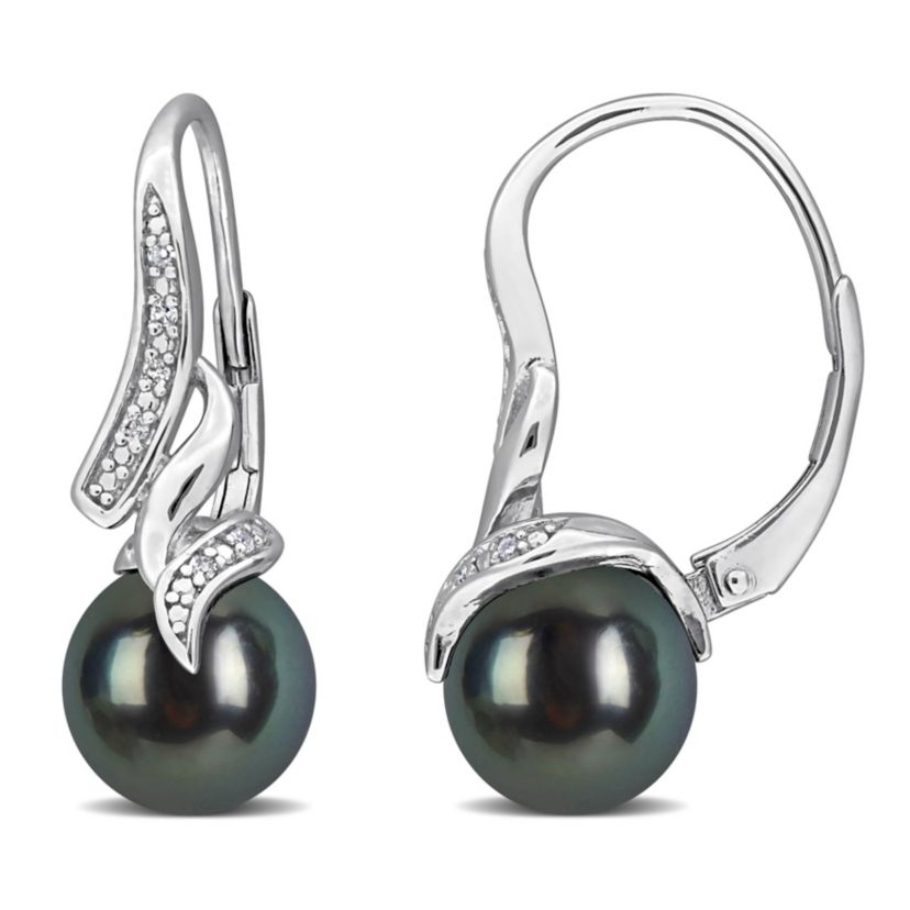 Diamond & 8-8.5MM Black Tahitian Cultured Pearl LeverBack Earrings in Sterling Silver