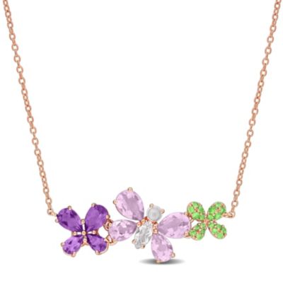 Belk & Co Rose de France, Amethyst-Africa, White Topaz & Tsavorite Necklace in Rose Plated Sterling Silver, 17", Pink