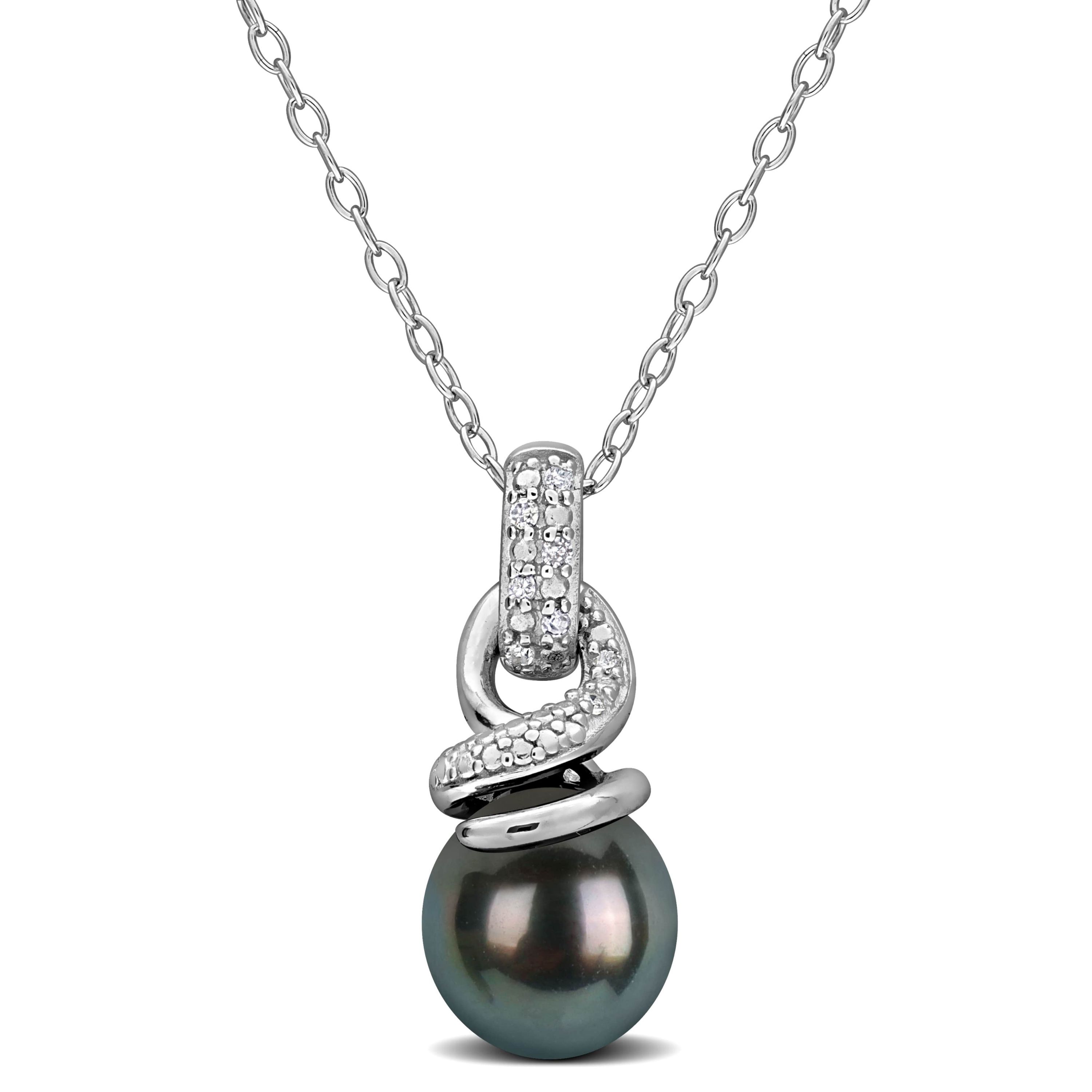 Diamond 8-8.5MM Black Tahitian Cultured Pearl Pendant With Chain in Sterling Silver, 18"