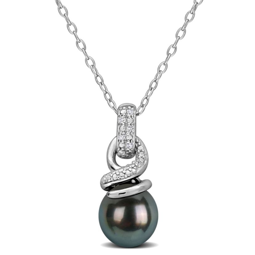 Diamond 8-8.5MM Black Tahitian Cultured Pearl Pendant With Chain in Sterling Silver, 18"