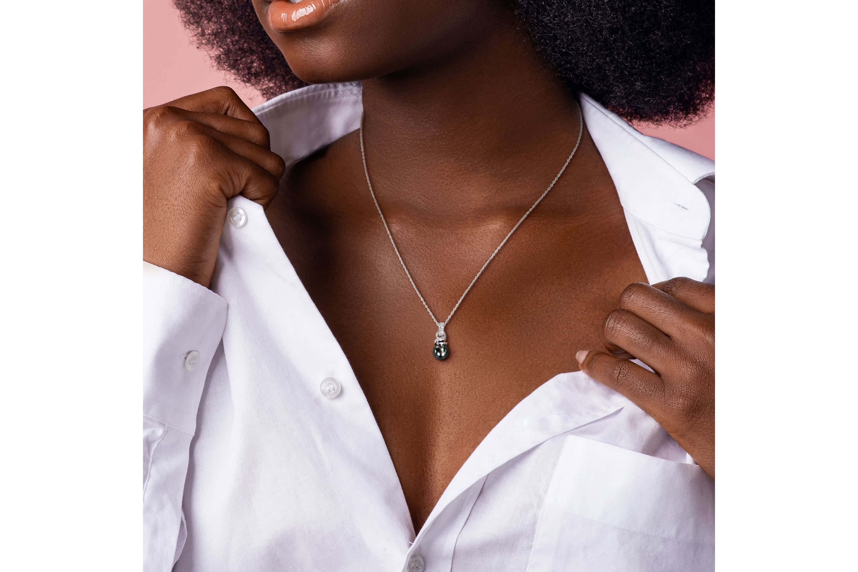 Diamond 8-8.5MM Black Tahitian Cultured Pearl Pendant With Chain in Sterling Silver, 18"