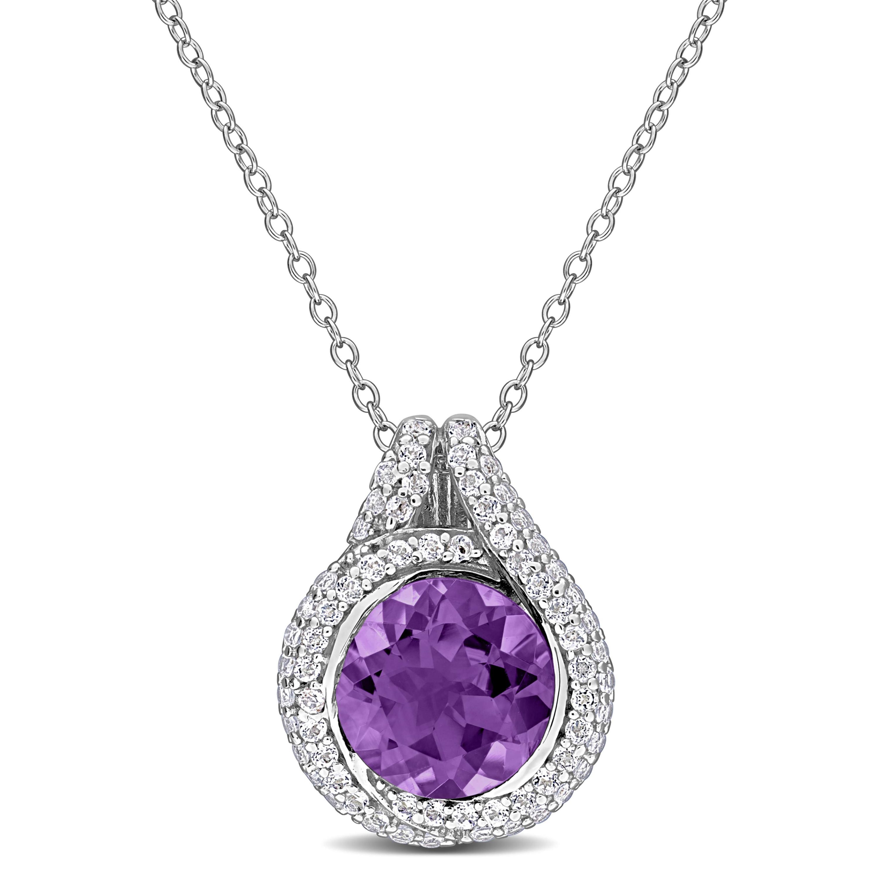 Amethyst & White Topaz Pendant With Chain in sterling Silver, 17"