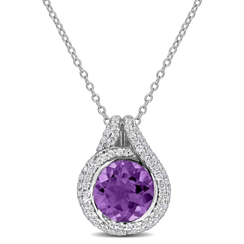 Amethyst & White Topaz Pendant With Chain in sterling Silver, 17"