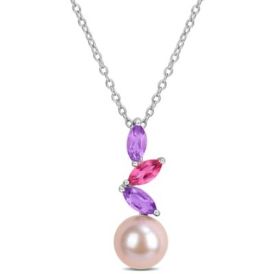 Belk & Co Amethyst-Africa, Pink, White Topaz & 8-8.5MM Pink Freshwater Cultured Pearl Pendant With Chain in Sterling Silver, 17"