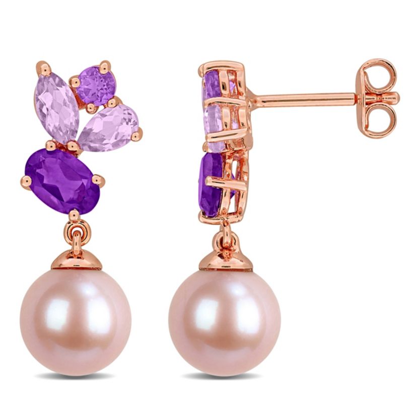 Rose de France Amethyst-Africa & 8-8.5MM Pink Freshwater Cultured Pearl Drop Earrings in Rose Plated Silver