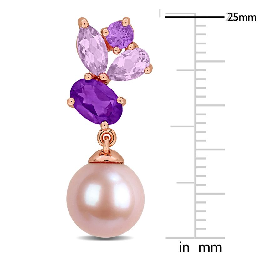 Rose de France Amethyst-Africa & 8-8.5MM Pink Freshwater Cultured Pearl Drop Earrings in Rose Plated Silver