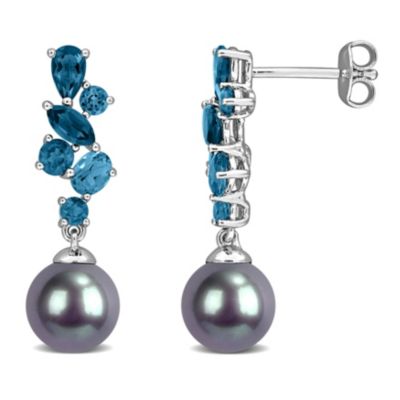 Belk & Co London Blue Topaz & 8-8.5MM Black Freshwater Cultured Pearl Drop Earrings in Sterling Silver