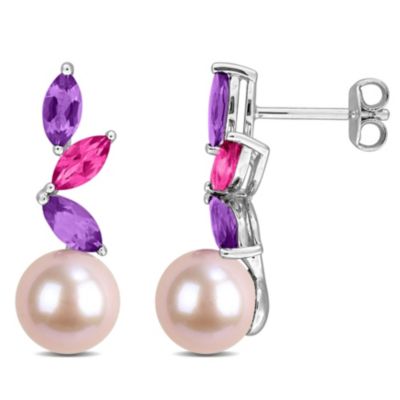 Belk & Co Amethyst-Africa. Pink Topaz & 8-8.5MM Pink Freshwater Cultured Pearl Drop Earrings in Sterling Silver