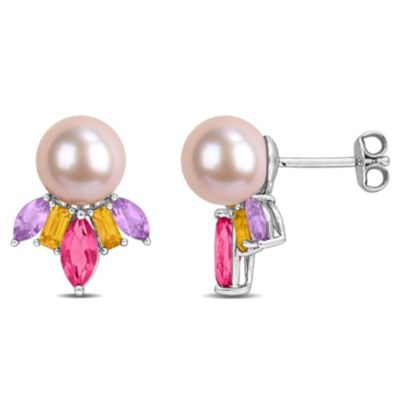 Belk & Co Pink Topaz, Citrine, Rose de France & 7.5-8MM Pink Freshwater Cultured Pearl Stud Earrings in Sterling Silver