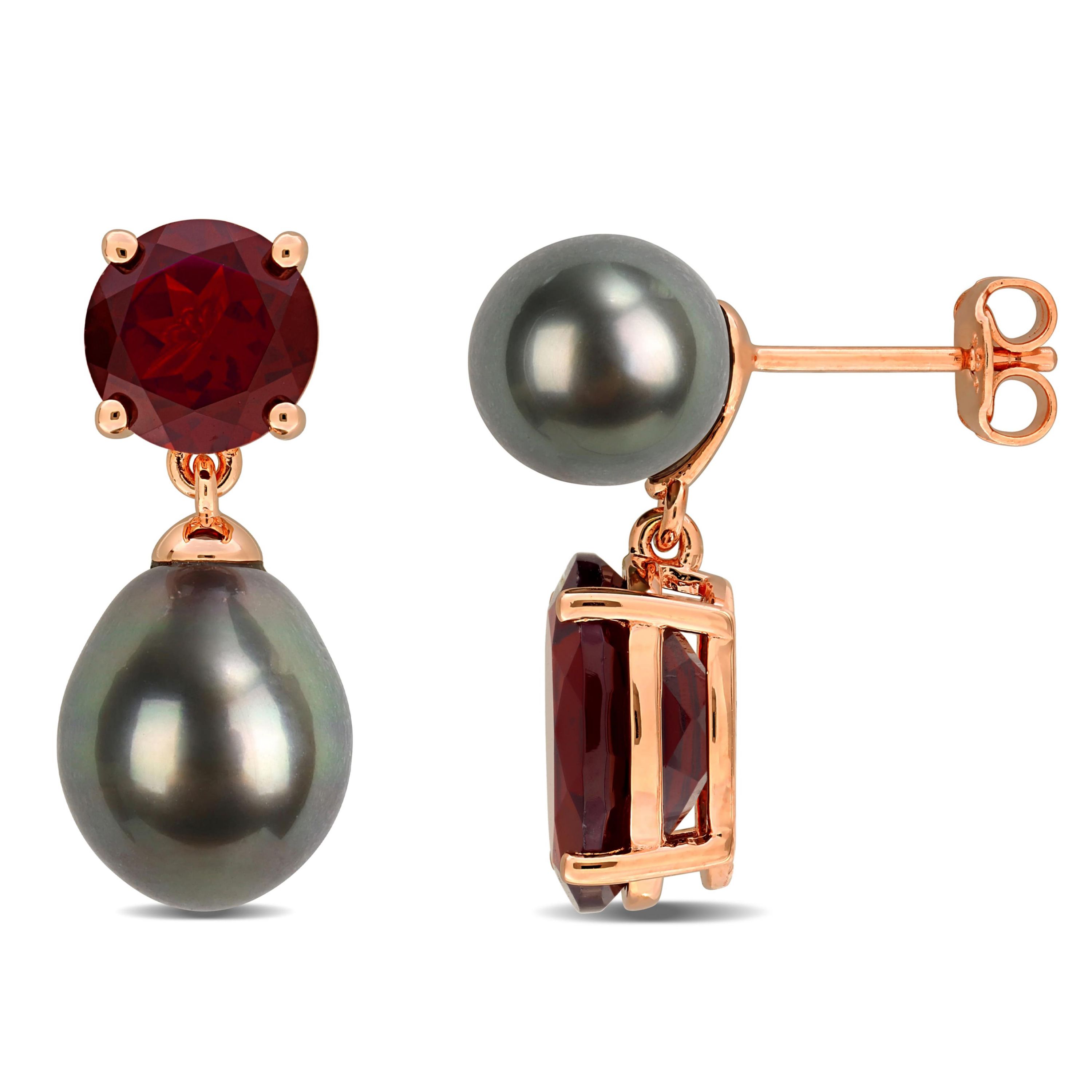 Garnet & Black Tahitian Cultured Pearl Drop Earrings in Rose Plated Sterling Silver